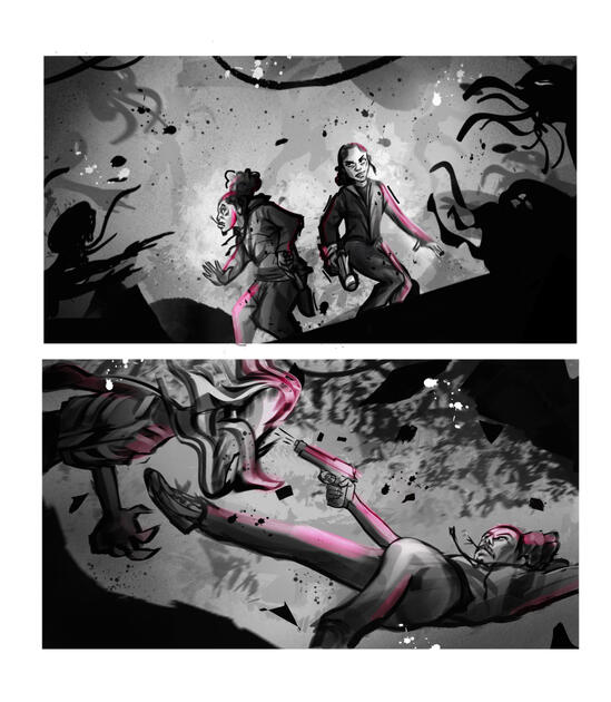 Goal: Establish intensity and suspense in a high-energy action sequence. Audience: Young adult/Adult Tools: Procreate + Photoshop.