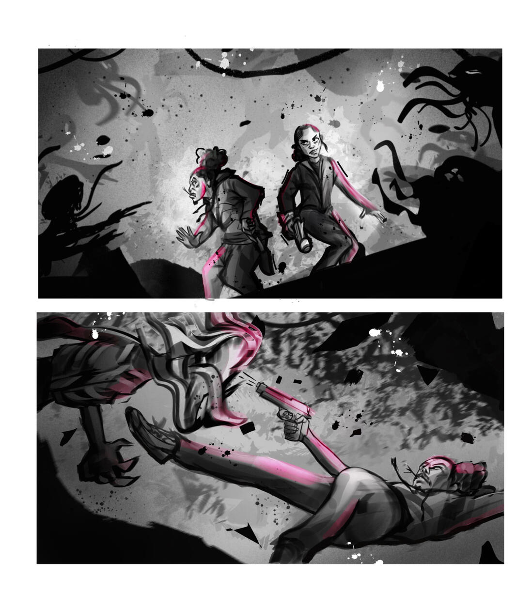 Goal: Establish intensity and suspense in a high-energy action sequence. Audience: Young adult/Adult Tools: Procreate + Photoshop.