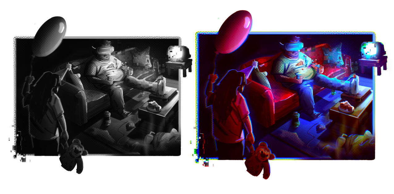 Goal: Stylized visual development exploring cinematic lighting and color-driven storytelling. (warm and cool lighting scene) Program: Procreate