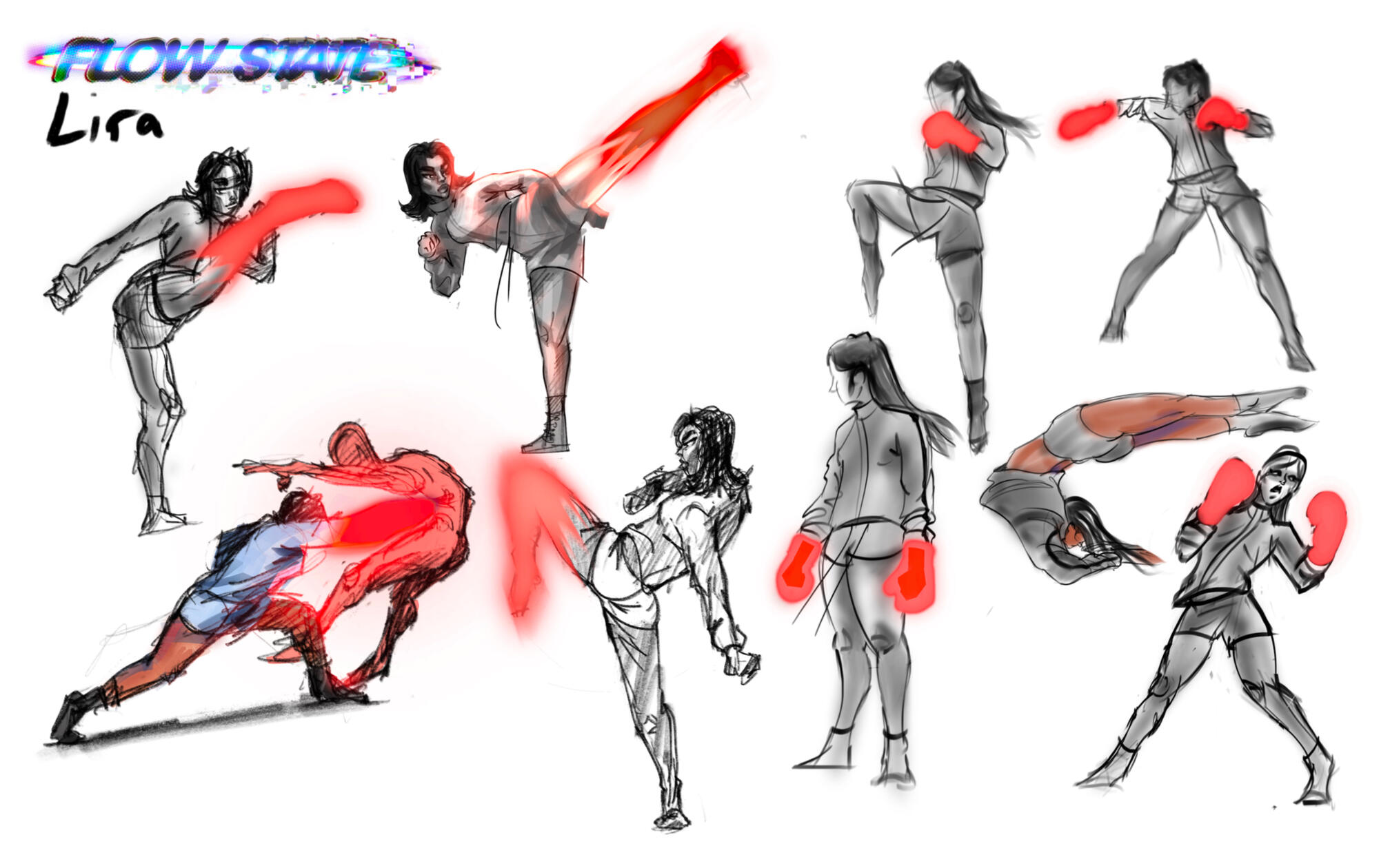 Exploring Lira’s movement, combat style, and red Flow State energy through dynamic action poses.