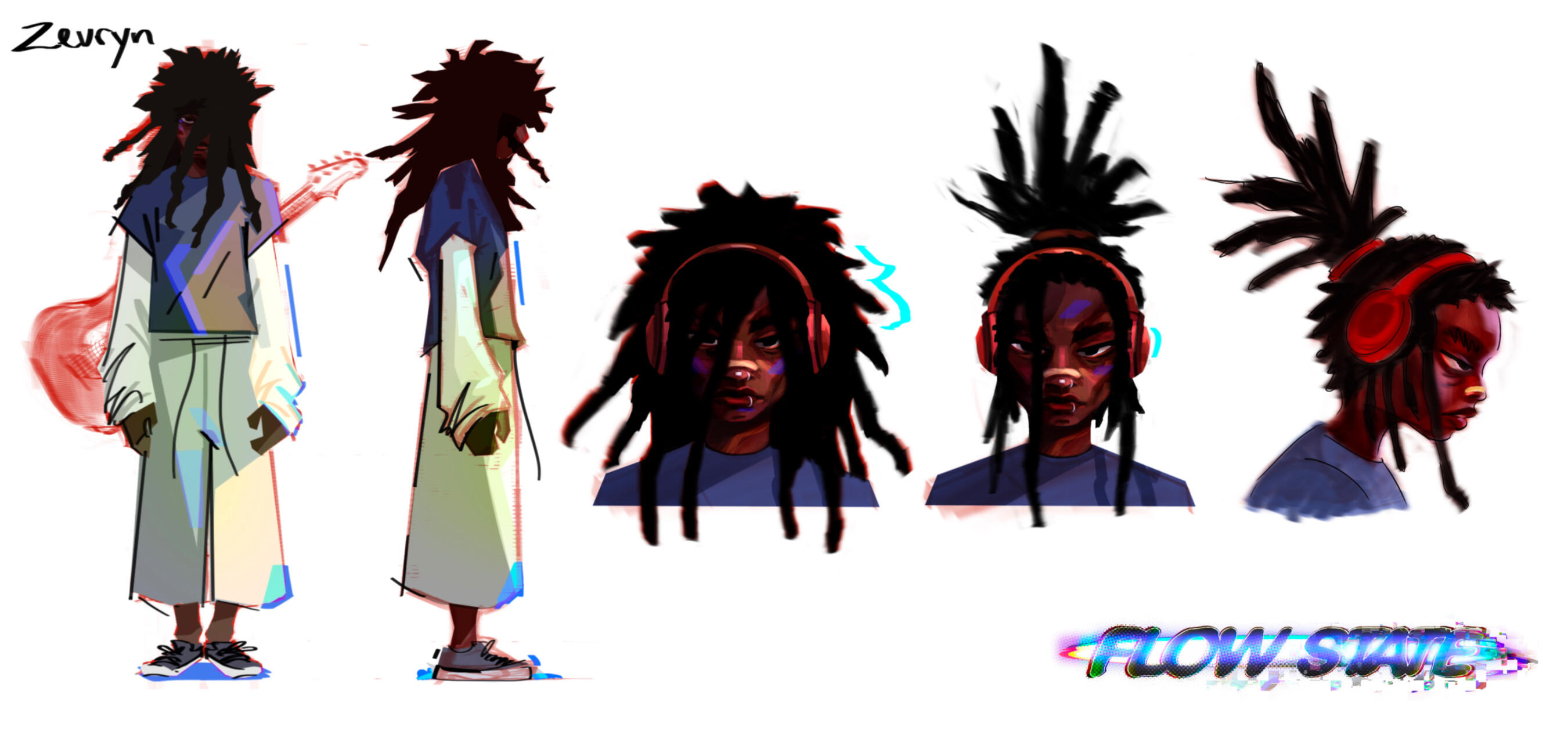 Character exploration for Zev, focusing on silhouette, hairstyle, expression, and streetwear-inspired design.