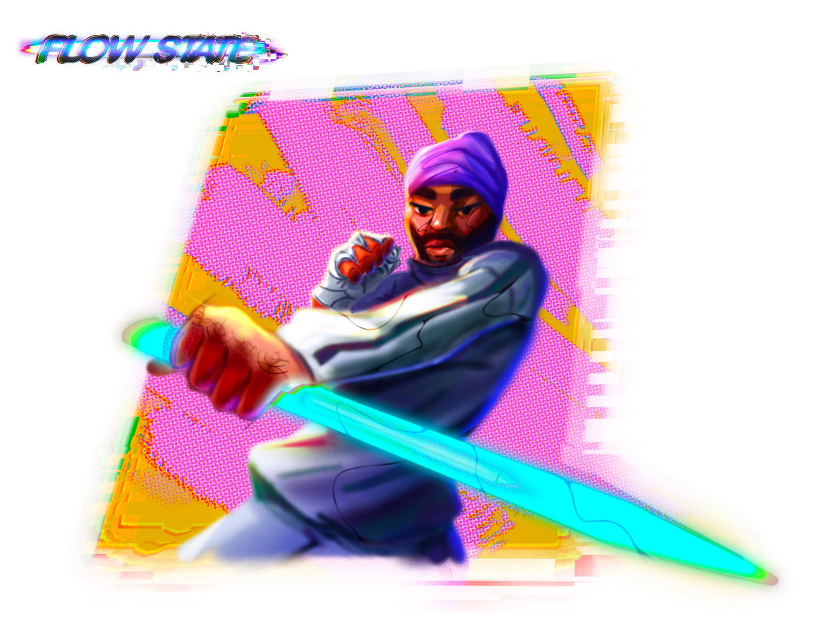 A stylized key illustration exploring Kaiyaan’s energy, attitude, and weapon during Flow State.
