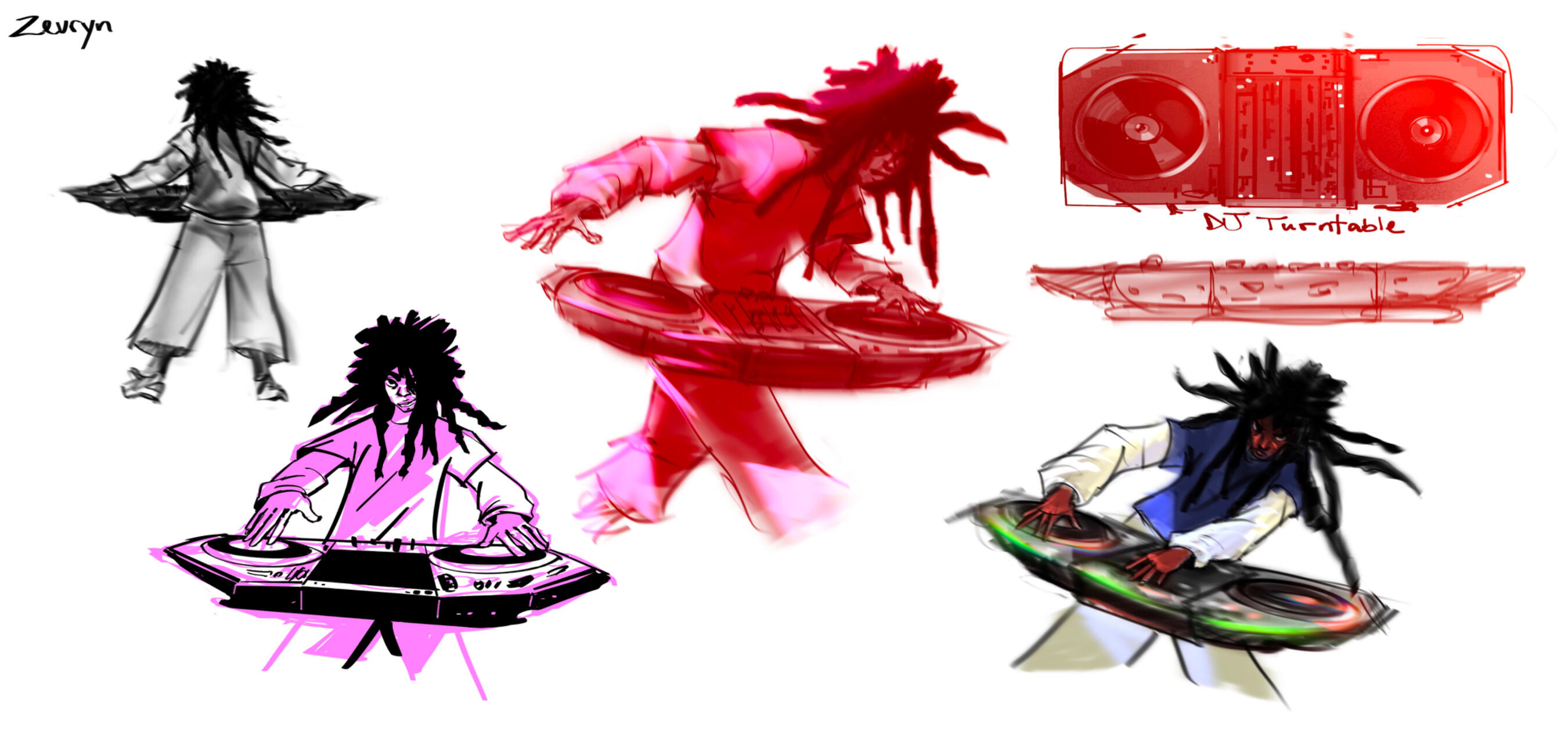 Early visual development exploring Zev’s DJ-based abilities, movement, and turntable design.