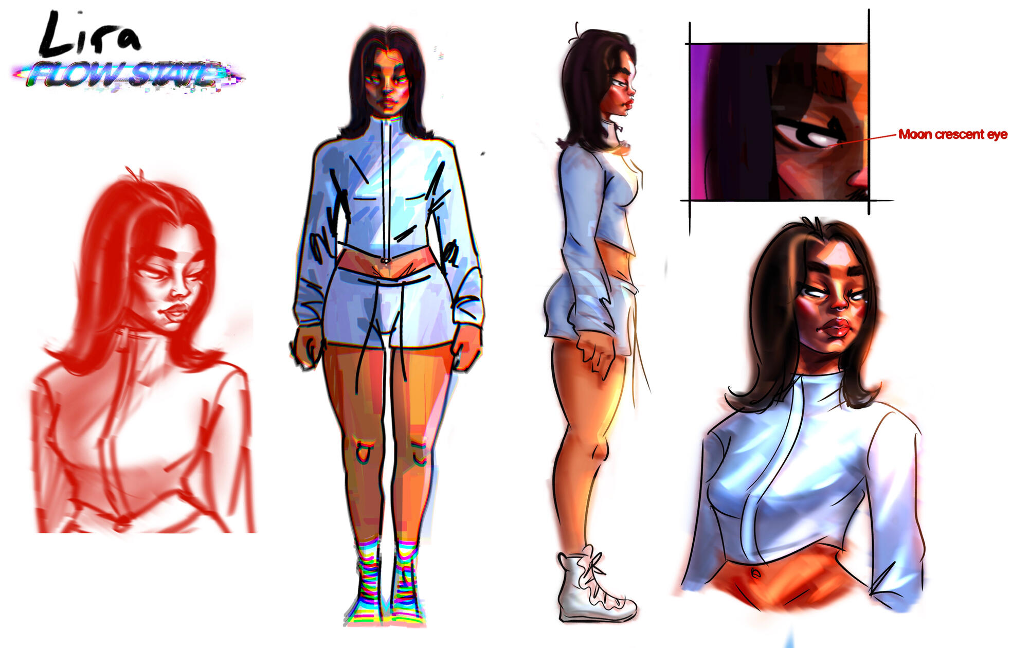 Character exploration focused on Lira’s personality, style, and fighter aesthetic.