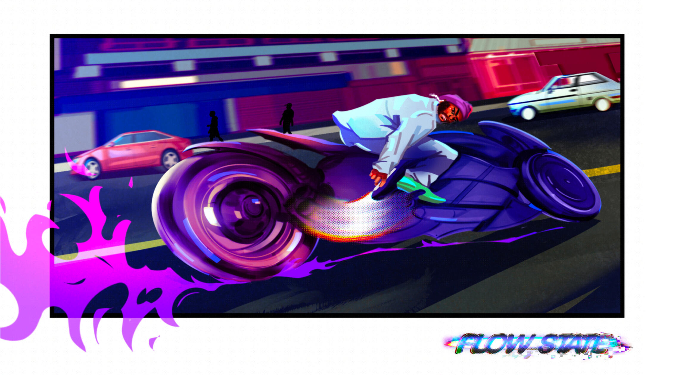Visual development exploring Kaiyaan in a high-speed cinematic moment within the world of Flow State.